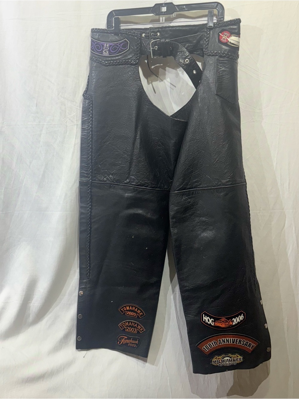 Vintage UNIK Leather Motorcycle Chaps 3XL Black Biker H.O.G. Tomahawk Patches
